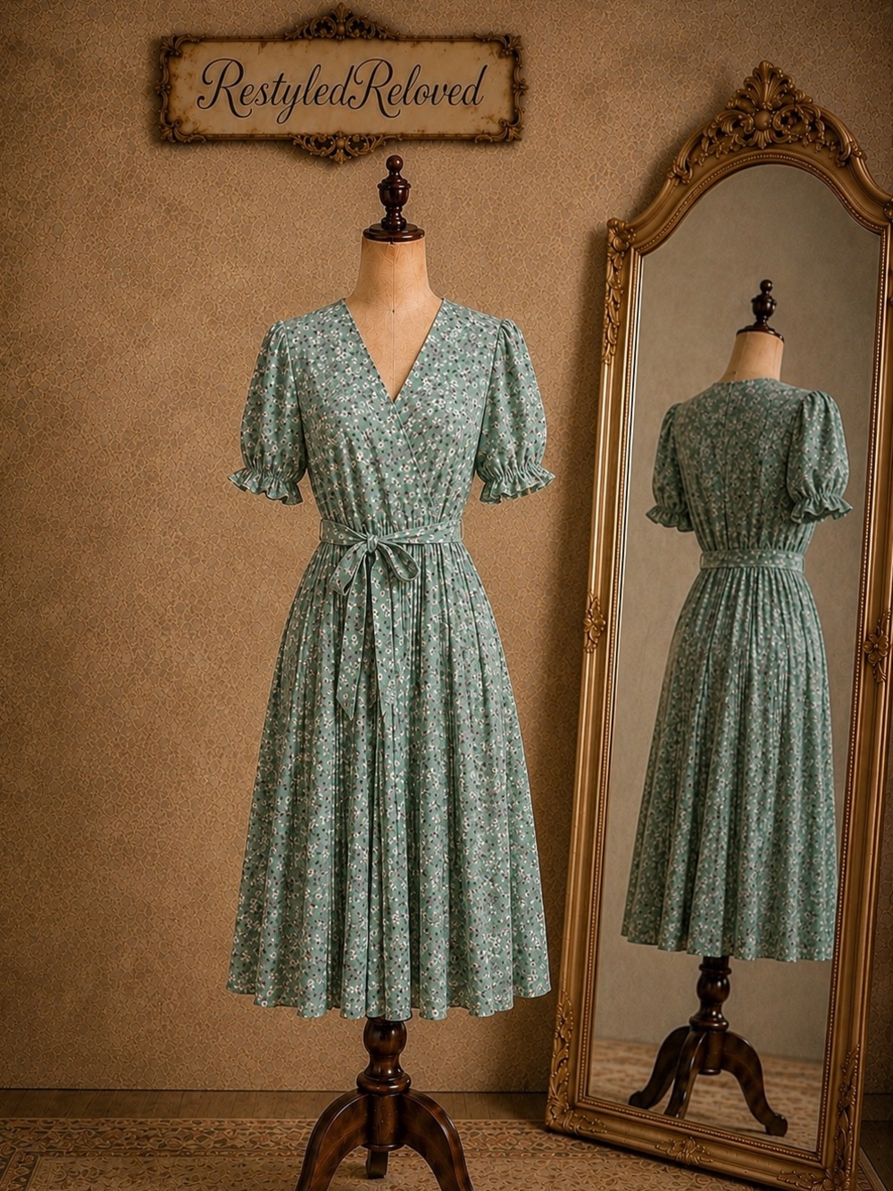 NWT Sage Green & Lilac Floral Pleated Midi Dress | Puff Sleeves | Tie Waist